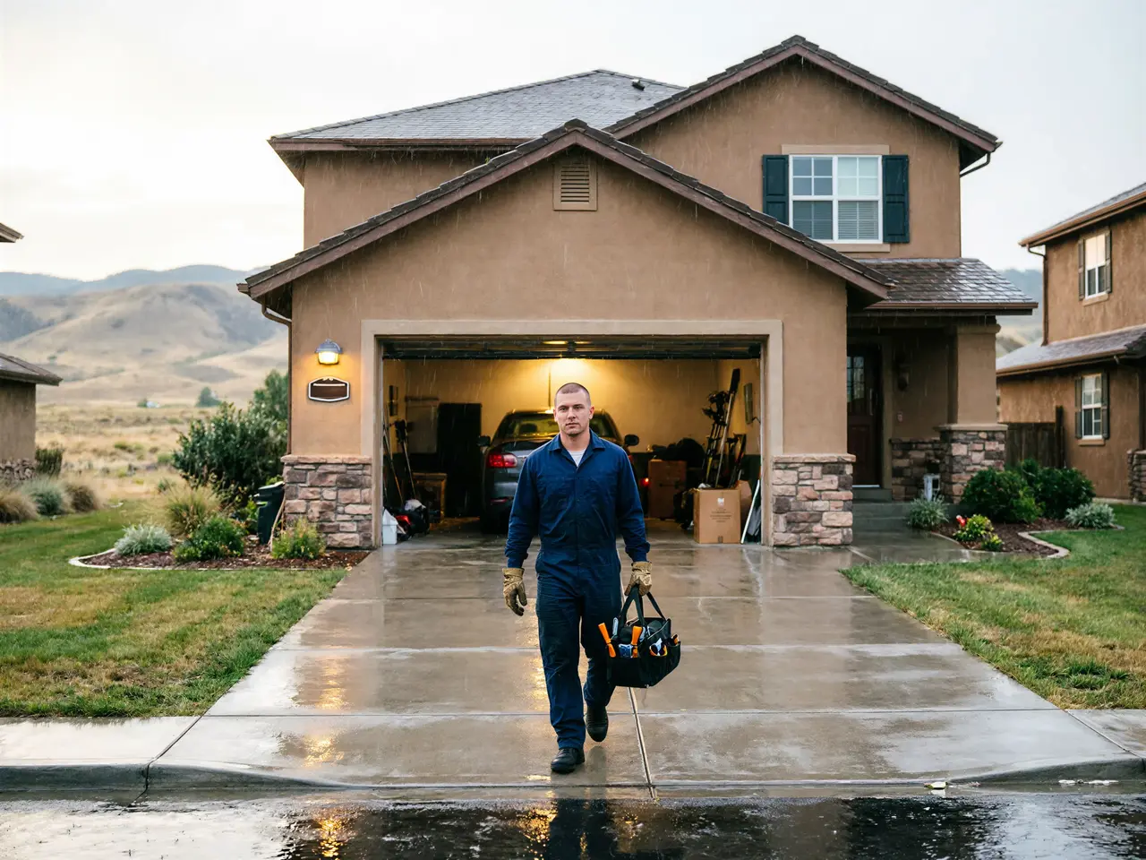 A technician in a blue uniform walks from a garage toward the street in the rain.