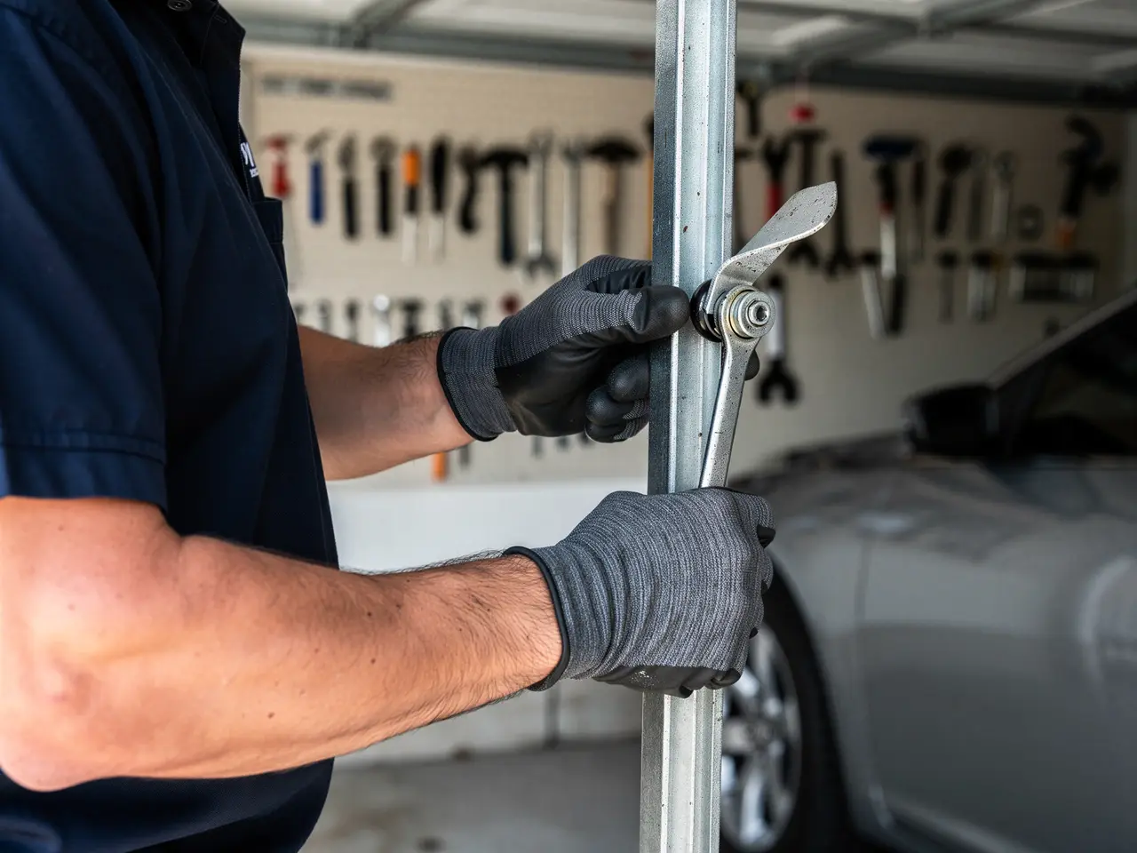 A technician in gloves uses a wrench to tighten a bolt on a garage door track.