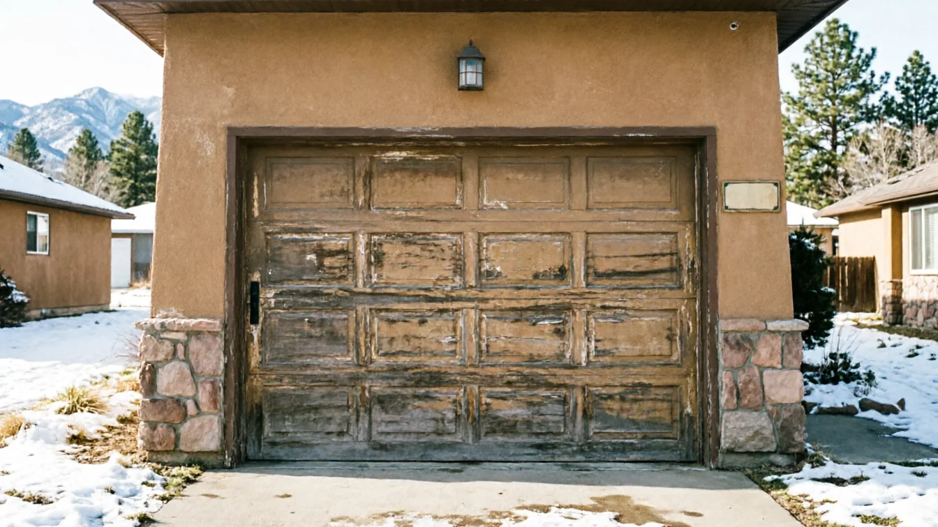 A weathered brown garage door with peeling paint on a stucco garage.