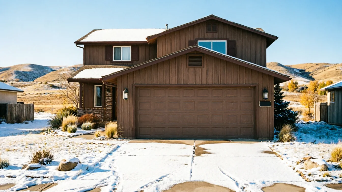 A brown house with a brown garage door and snow on the ground.
